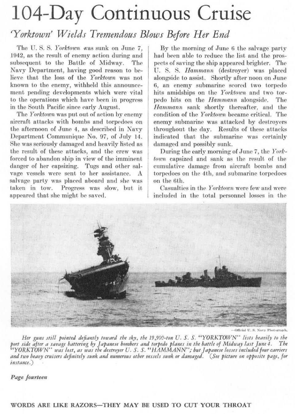 104-Day Continuous Cruise — All Hands October 1942, p. 14