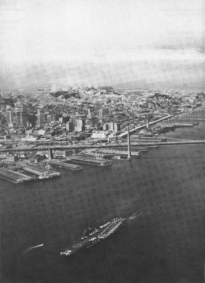 The First Fleet entering San Francisco Bay — USS Midway, Kearsarge, and Hancock under the Bay Bridge
