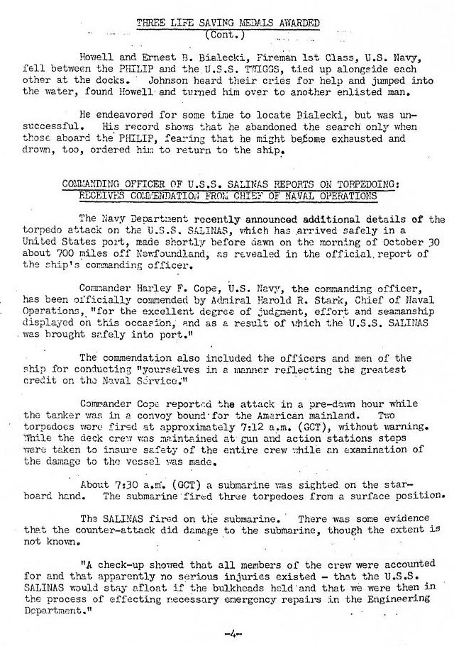 USS Salinas Reports on Torpedoing — All Hands December 1941, p. 4