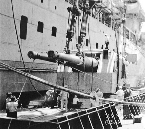 8-inch turret being removed from USS Lexington, 30 March 1942 — photo B