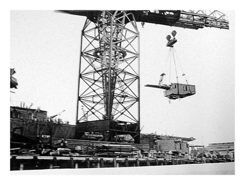8-inch turret being removed from USS Lexington, 30 March 1942 — photo E