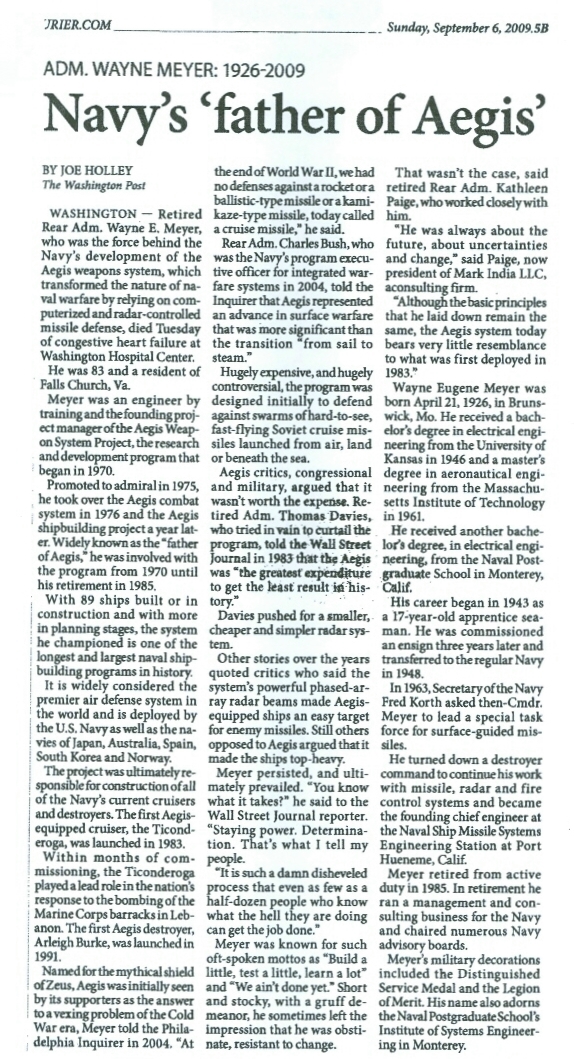 Washington Post obituary for Admiral Wayne E. Meyer, September 6, 2009