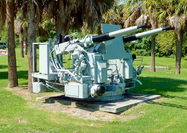 40mm Bofors quad mount at Patriots Point, side angle view