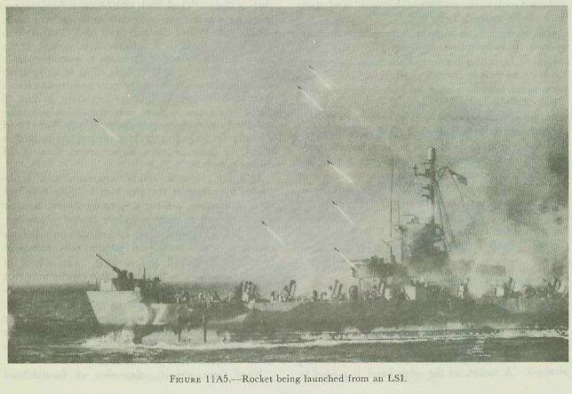 Figure 11A5 — Barrage rockets launched from LSI moving toward a beach for shore bombardment
