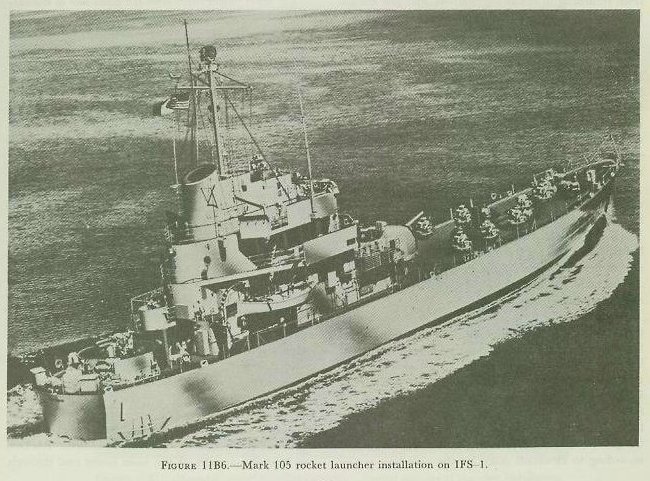 Figure 11B6 — USS Carronade (IFS-1) equipped with eight Mark 105 rocket launchers
