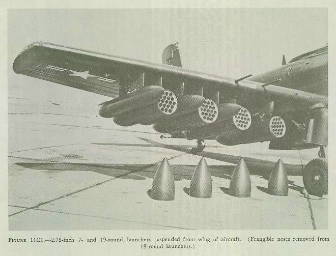 Figure 11C1 — 2.75-inch FFAR Mighty Mouse jettisonable multiple launchers (7-round and 19-round) under aircraft wing