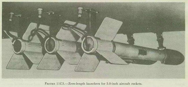 Figure 11C3 — Mark 5 zero-length launcher (post type) supporting 5.0-inch rocket from aircraft hardpoint