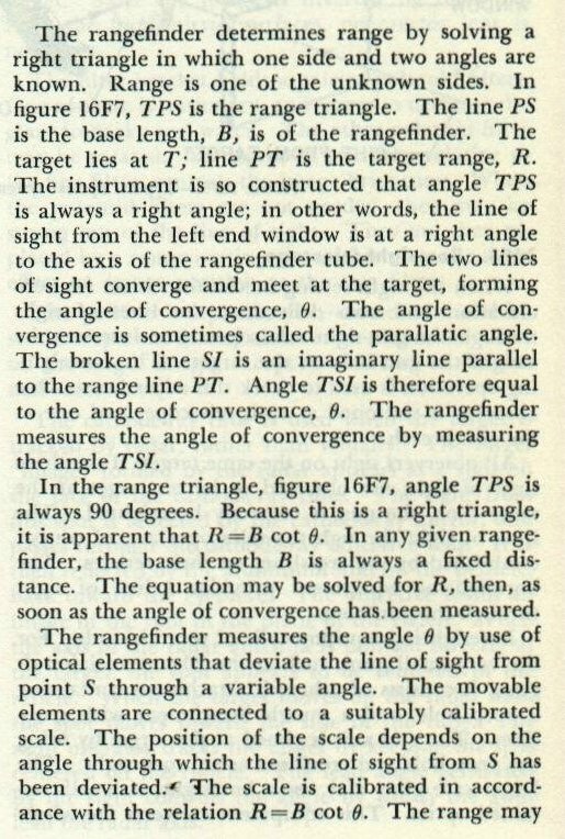 Rangefinder geometry diagram showing base length, angle of convergence theta, and trigonometric range formula
