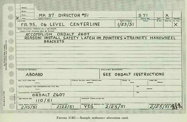 Figure 31B2 &mdash; an Ordnance Alteration Card, on which the information from a NAVALT or ORDALT is filed