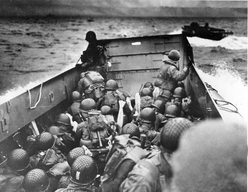 US Coast Guard landing barge packed with soldiers approaches Normandy