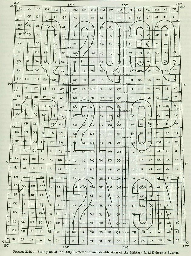 Figure 22B3 &mdash; The Universal Transverse Mercator grid: grid zones, 100,000-meter squares lettered by column and row, and their subdivision