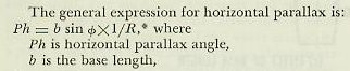 Parallax formula: horizontal parallax varies with base length divided by range times a bearing function