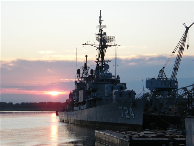 USS Laffey DD-724 riding in floating drydock AFDL-47 at Detyens Shipyard, North Charleston SC — bow-on view showing full hull exposure above the drydock pontoon, August 2009