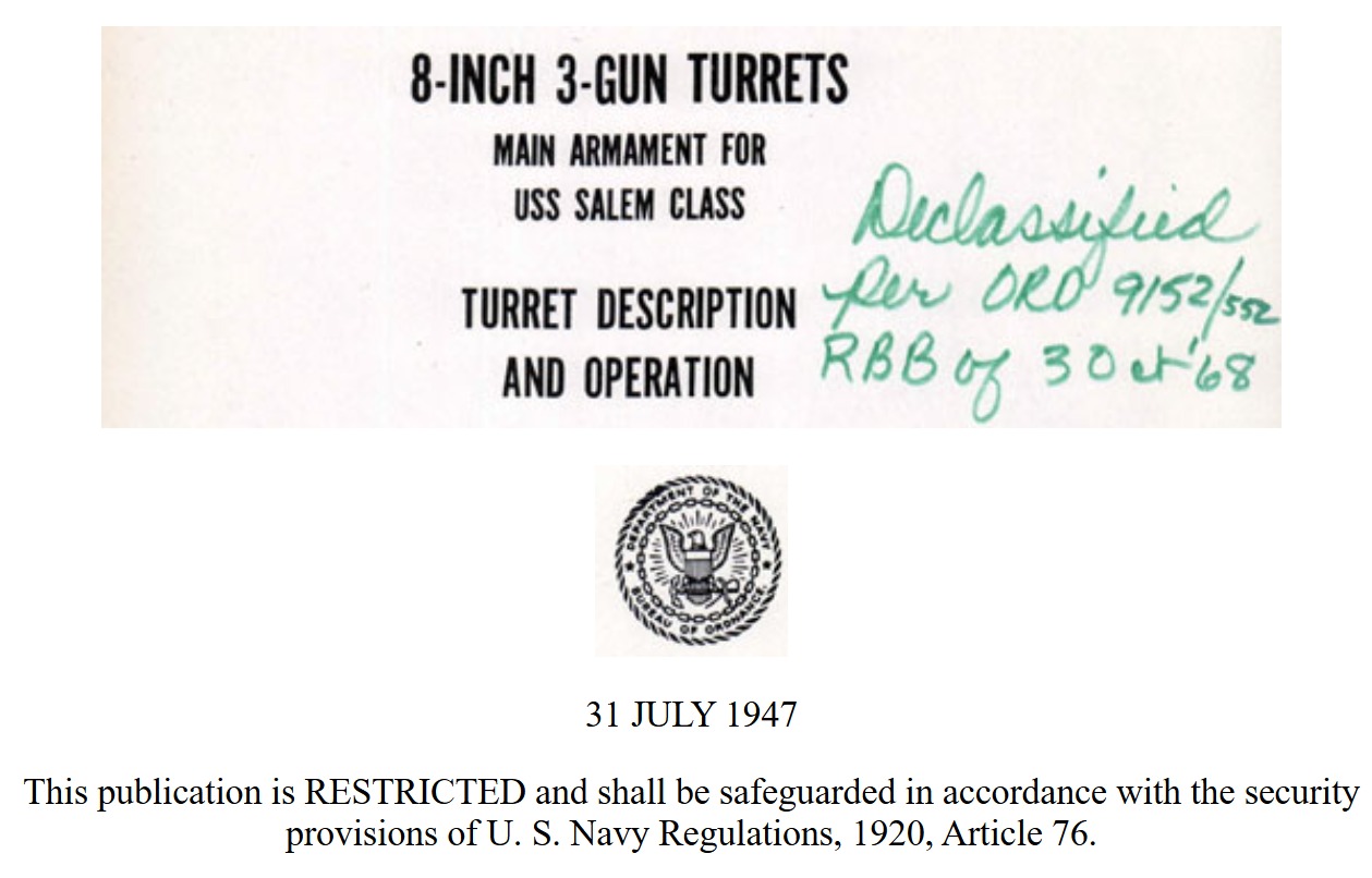 OP-1180 title page — 8-Inch 3-Gun Turrets, Main Armament for USS Salem Class, Turret Description and Operation, with 1968 declassification stamp