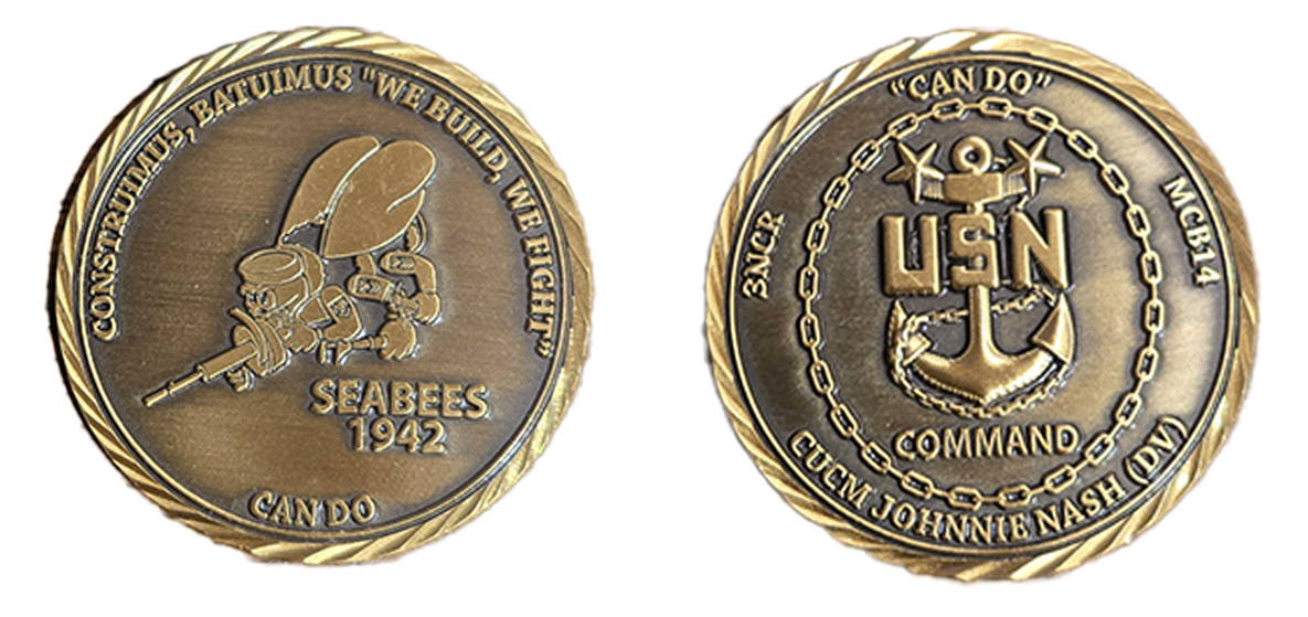 Seabee challenge coin of Master Chief Johnnie Nash — front and back faces