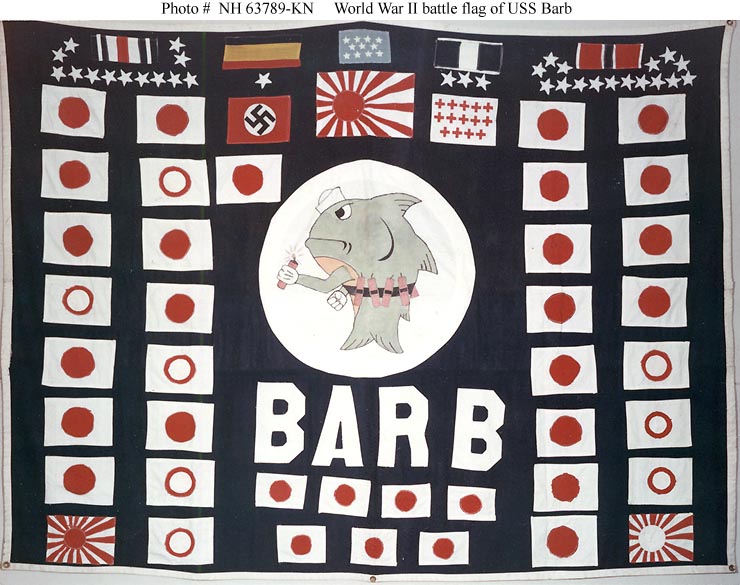 USS Barb battle flag — Medal of Honor ribbon at top, Japanese locomotive at bottom border