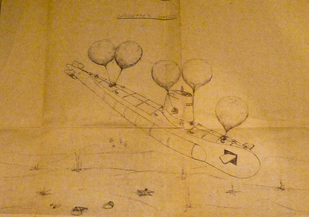 Design drawing showing the five balloons needed to surface the submarine
