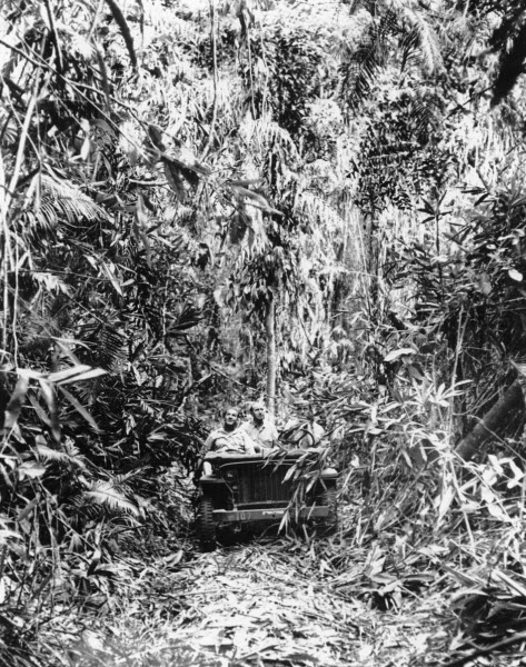 American jeep on trail through Guadalcanal jungle February 1943