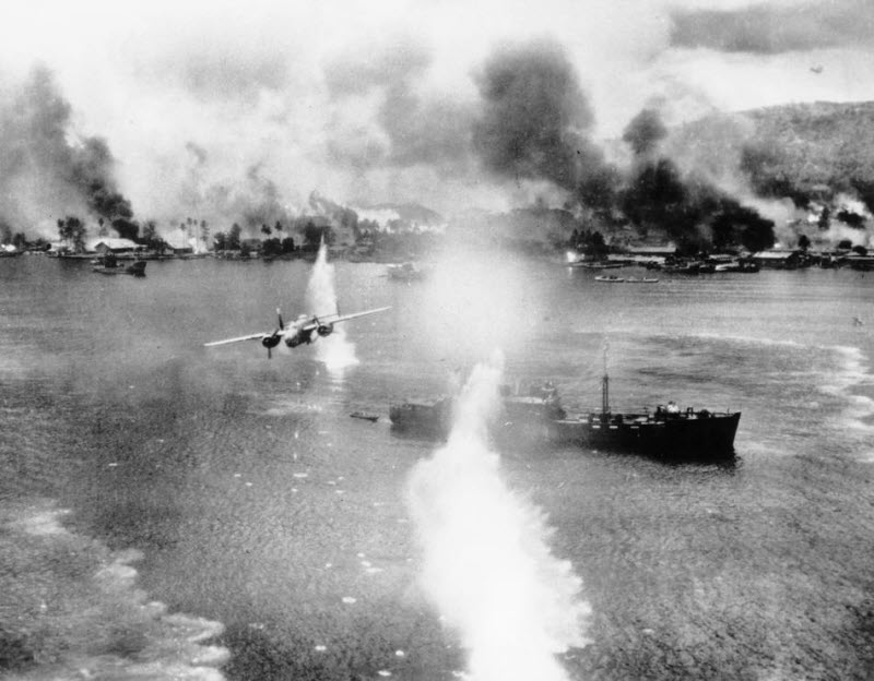 B-25 bomber strikes Japanese ship in Rabaul harbor November 1943