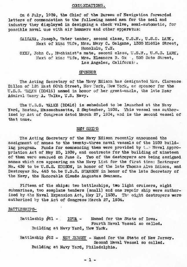 New US Navy ships announcement July 1939 p.1