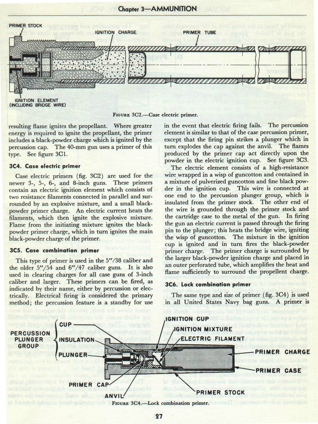Naval Ordnance and Gunnery Vol 1 p.27 — case electric, case combination and Lock Combination primers (figures 3C2 and 3C4)