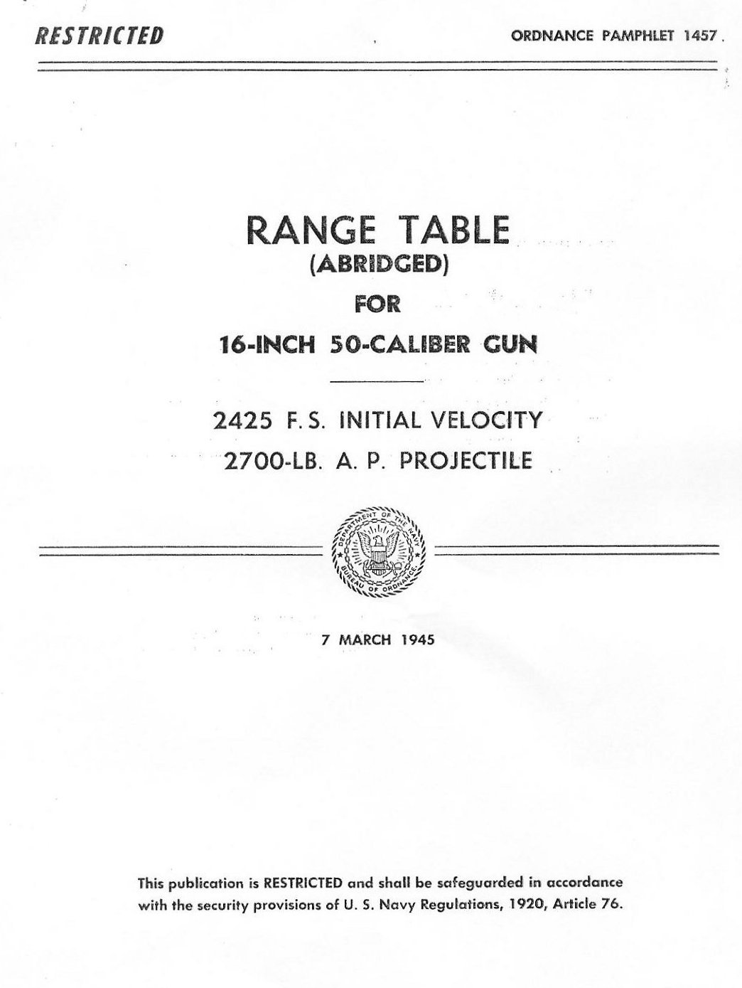 OP 1457 Abridged Range Tables, 16-inch AP Mk 8 — p.1