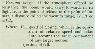 Equation &mdash; vacuum-trajectory relations for a bomb dropped from a moving plane
