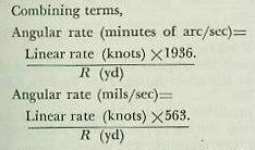 Equation panel &mdash; conversion of a linear rate (knots) to an angular rate in minutes of arc per second