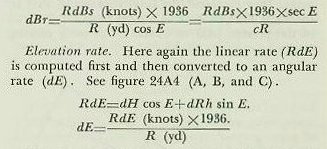 Equation panel &mdash; conversion of the slant-plane bearing rate dBs to the horizontal bearing rate dBr by dividing by Rh = R cos E