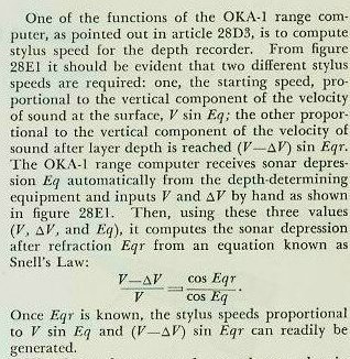 Formula from the original text for the determination of target depth from the vertical component of the speed of sound above and below the layer depth